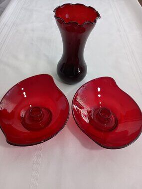 Vintage Ruby Red Glass Candle Holders and Vase Set